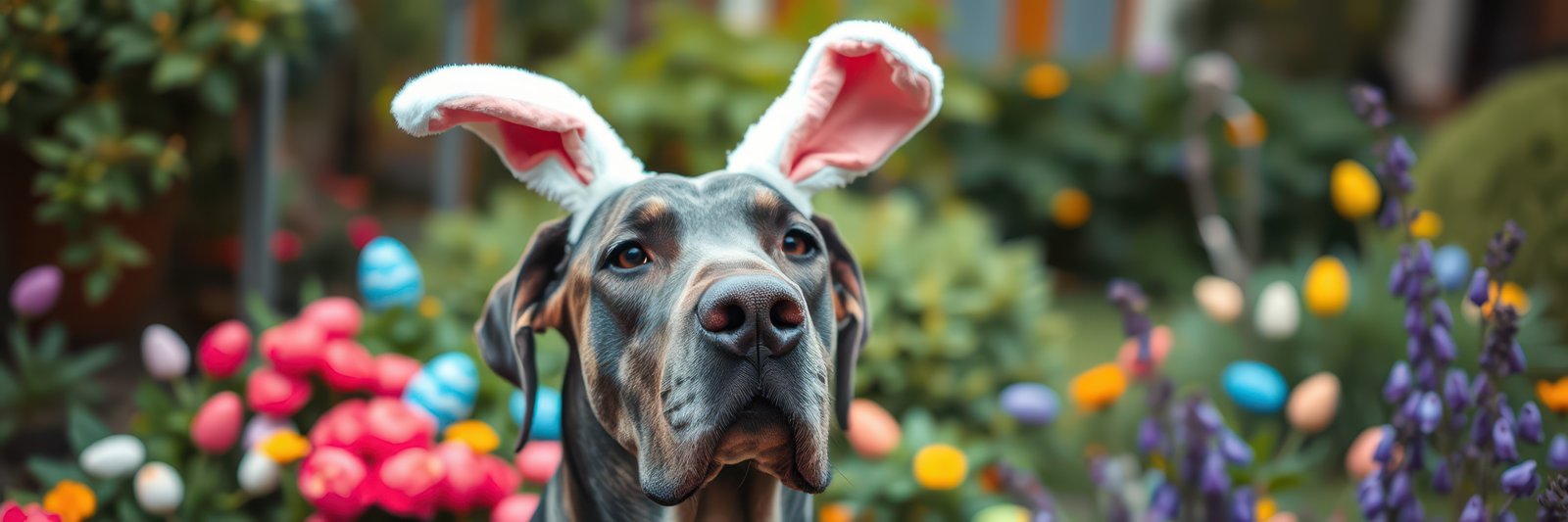 Dog wearing bunny ears in a colorful garden filled with flowers and Easter eggs